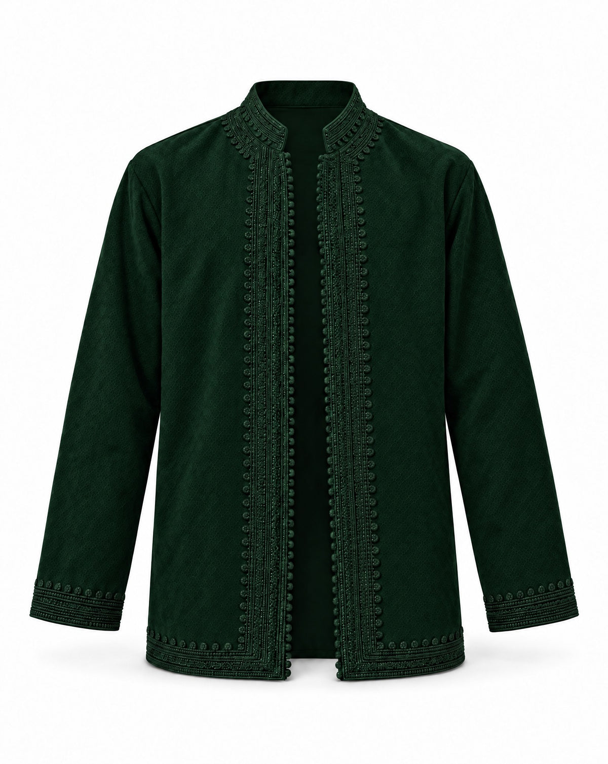 Men’s dark green jacket with stand collar and tonal decorative trim at the front, cuffs and hem