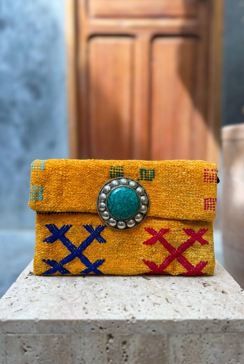Mustard yellow carpet clutch with turquoise-toned centrepiece on a stone ledge
