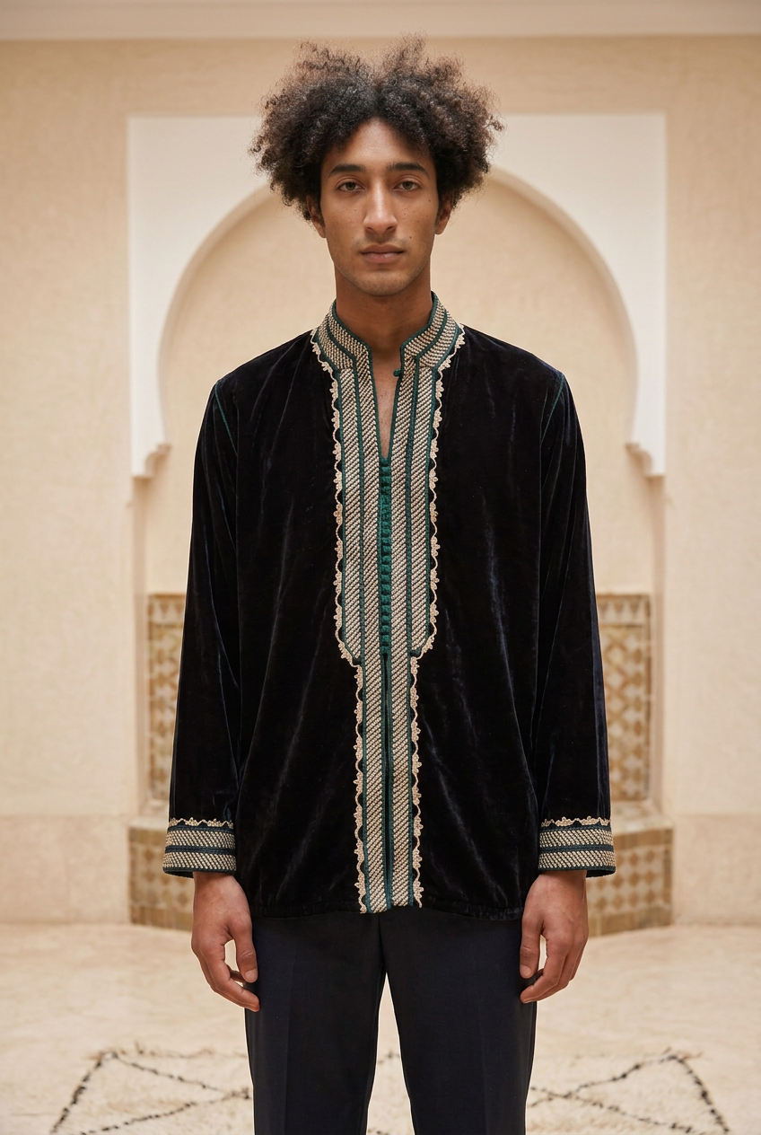 Male model wearing the black velvet Advani Jacket with cream-and-gold embroidery and green fastenings in a Moroccan riad