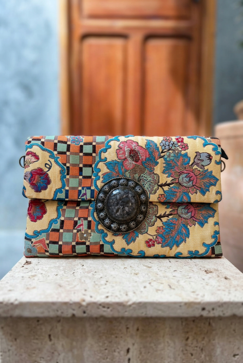 Multicoloured floral and checkerboard carpet clutch on a stone ledge
