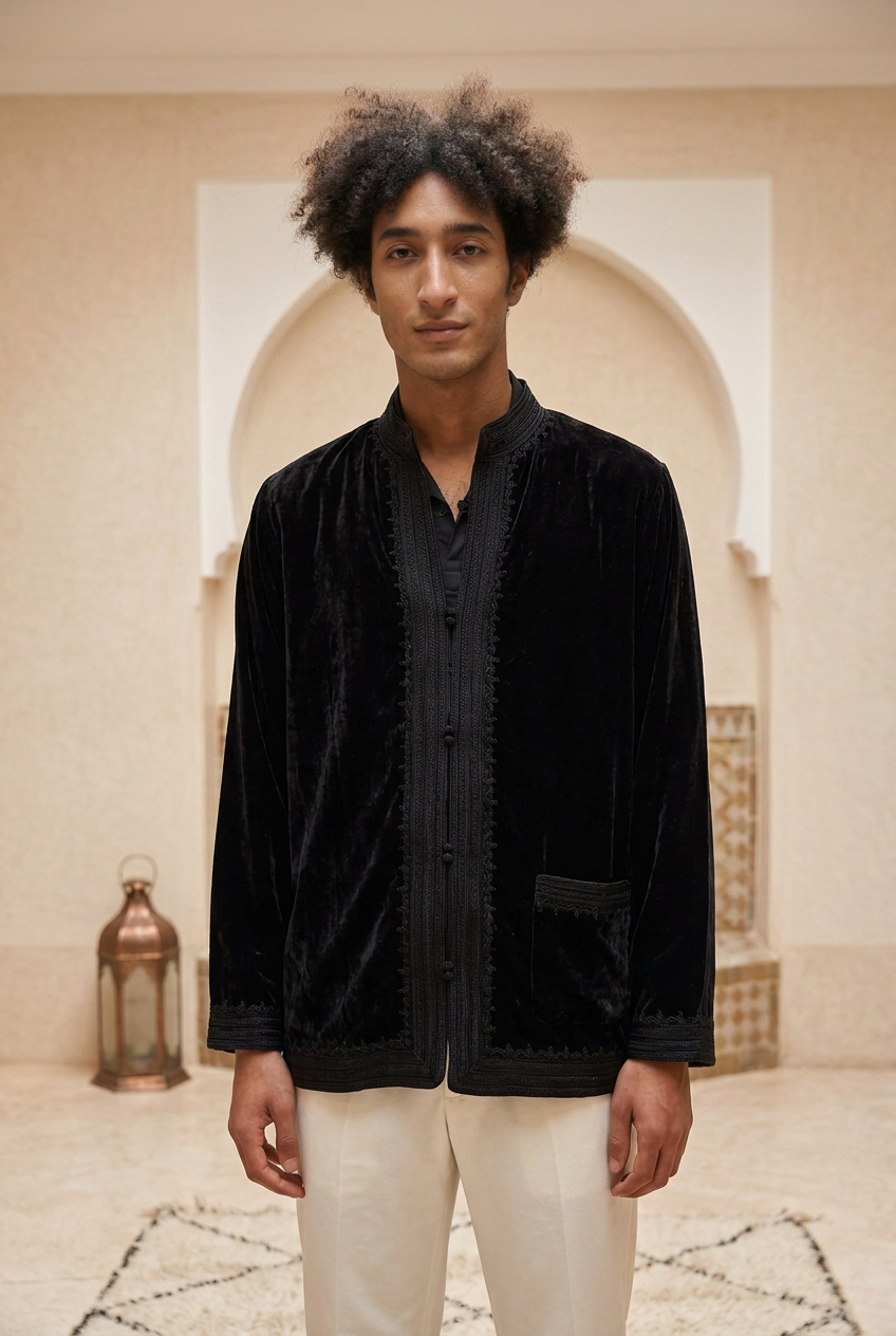 Male model wearing the Merzouga black velvet jacket with tonal embroidery and mandarin collar in a warm Moroccan riad