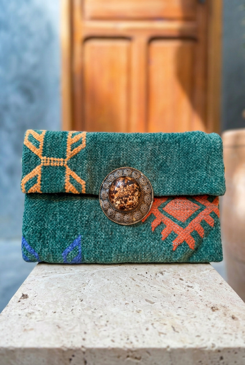 Amber Atlas teal and ochre carpet clutch resting horizontally with flap across the top on a stone ledge