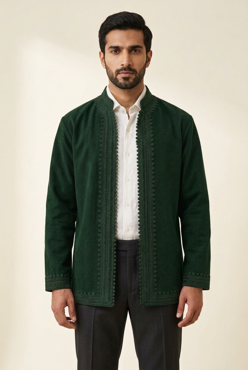 Men’s dark green Idris jacket worn over a white linen shirt with dark trousers