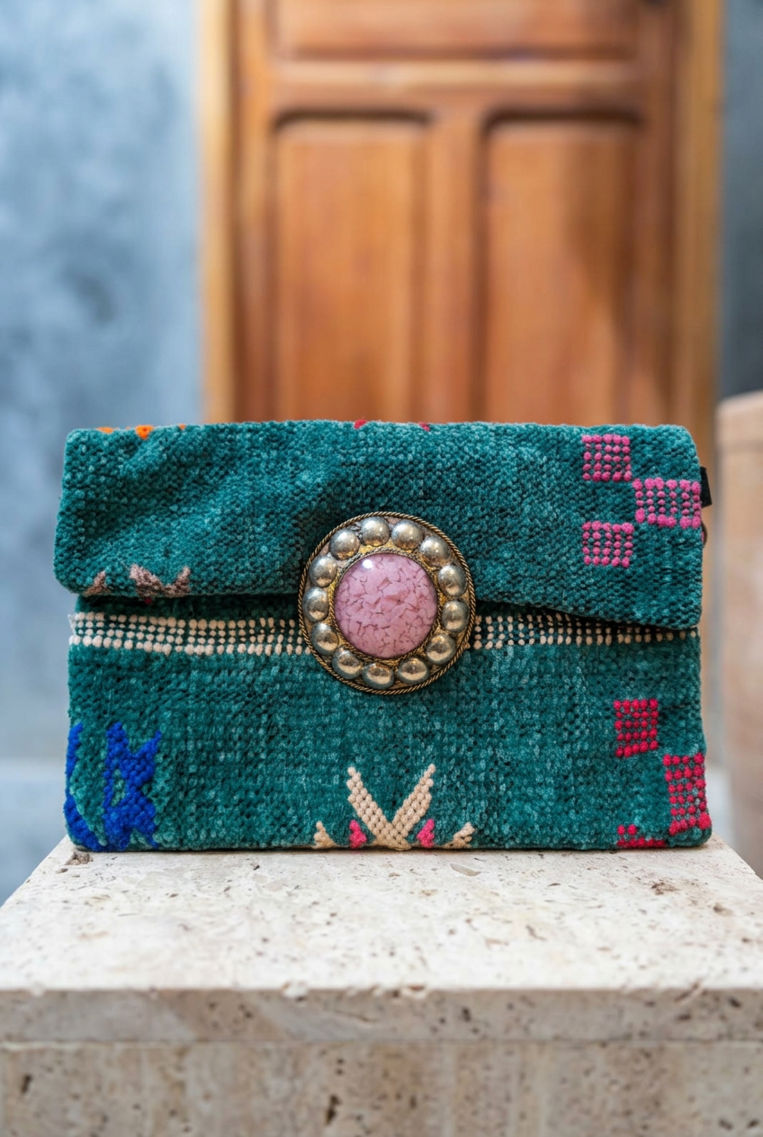 Teal woven carpet clutch with pink centrepiece on a stone ledge