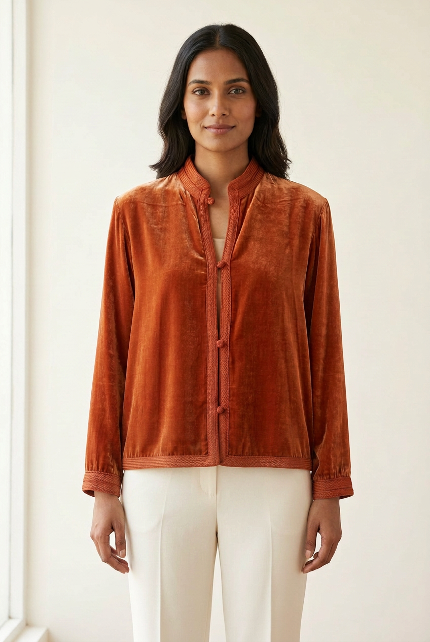 Naima Jacke in Burnt Orange, getragen von einem Model mit heller Hose