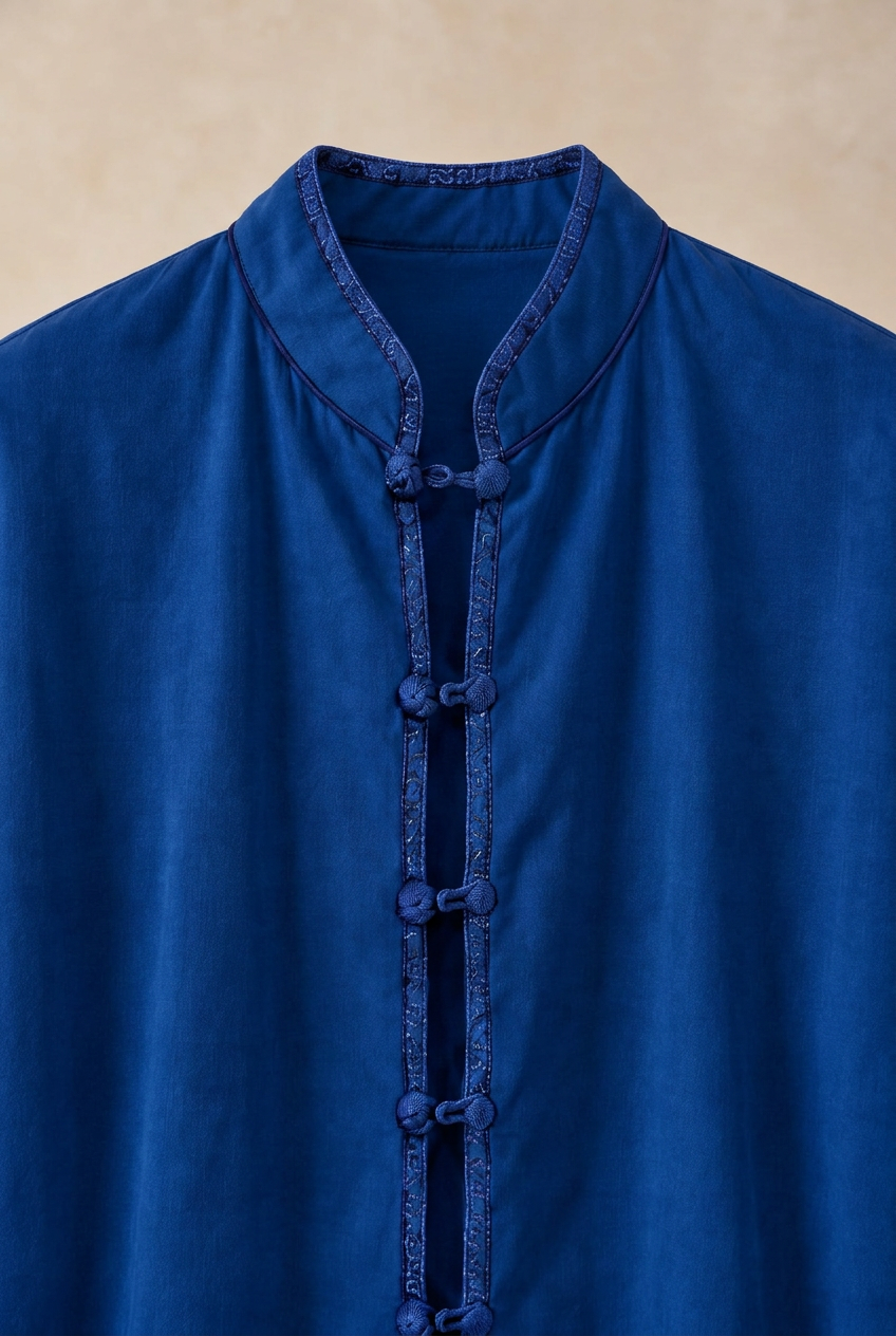 Detailaufnahme von Stehkragen, Stickerei und Schlaufenverschlüssen des blauen Salma Shirts