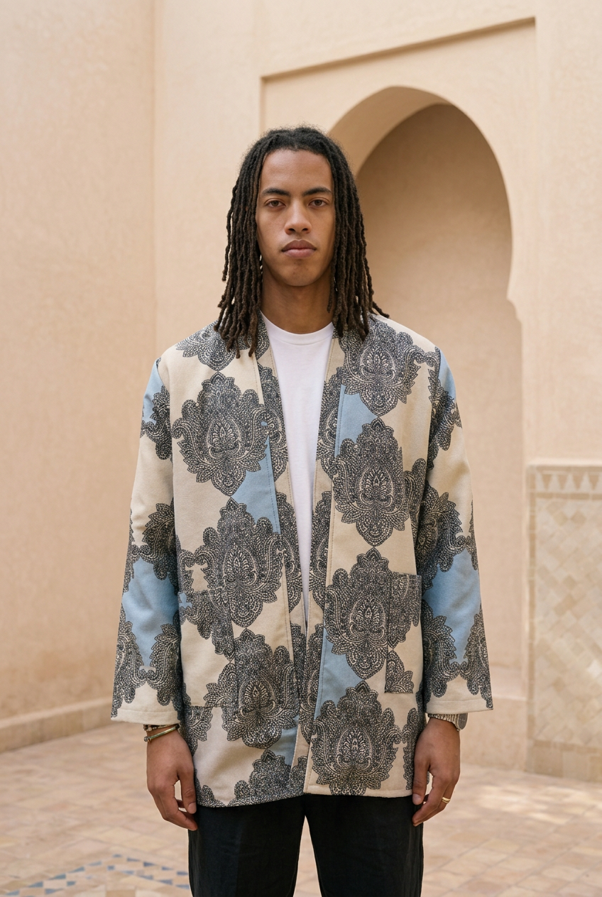 Model wearing the cream-and-blue Dades Brocade Jacket in a softly lit Moroccan riad courtyard