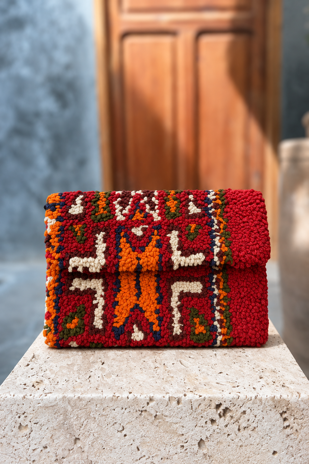 Legzitza Fluff Karro red fluffy carpet bag with colourful geometric motifs on a beige stone pedestal in front of a wooden doorway