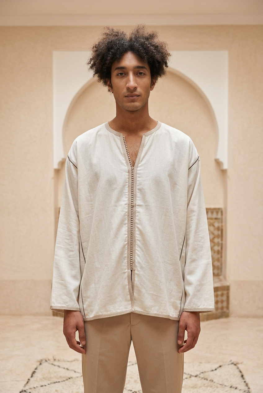 Male model wearing the ivory Camel Shirt with decorative front trim in a warm Moroccan riad