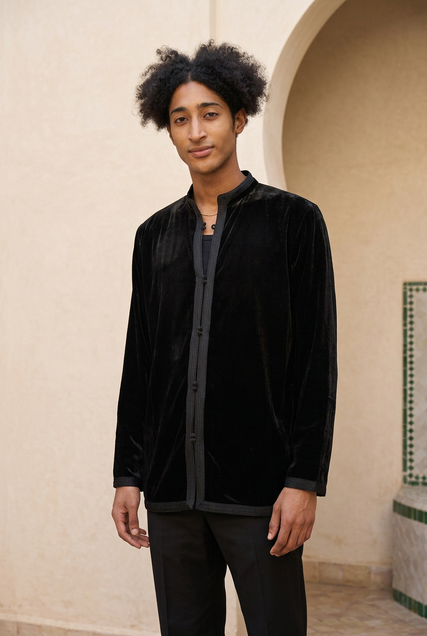 Male model wearing the Agafay Black velvet jacket with tonal decorative trim in a warm Moroccan riad