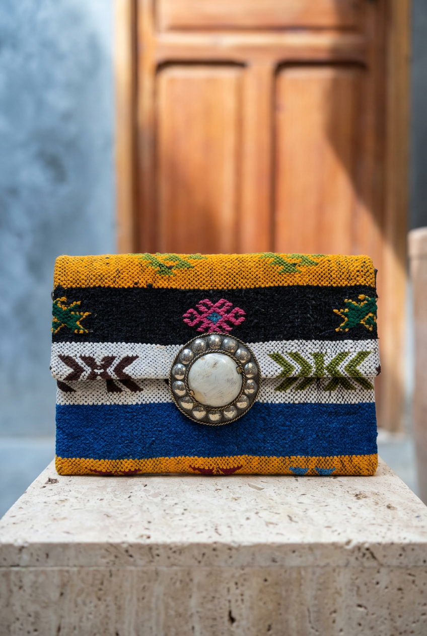 Mustard yellow, cobalt blue, black and cream carpet clutch with a round silver-tone decorative centrepiece on a stone ledge