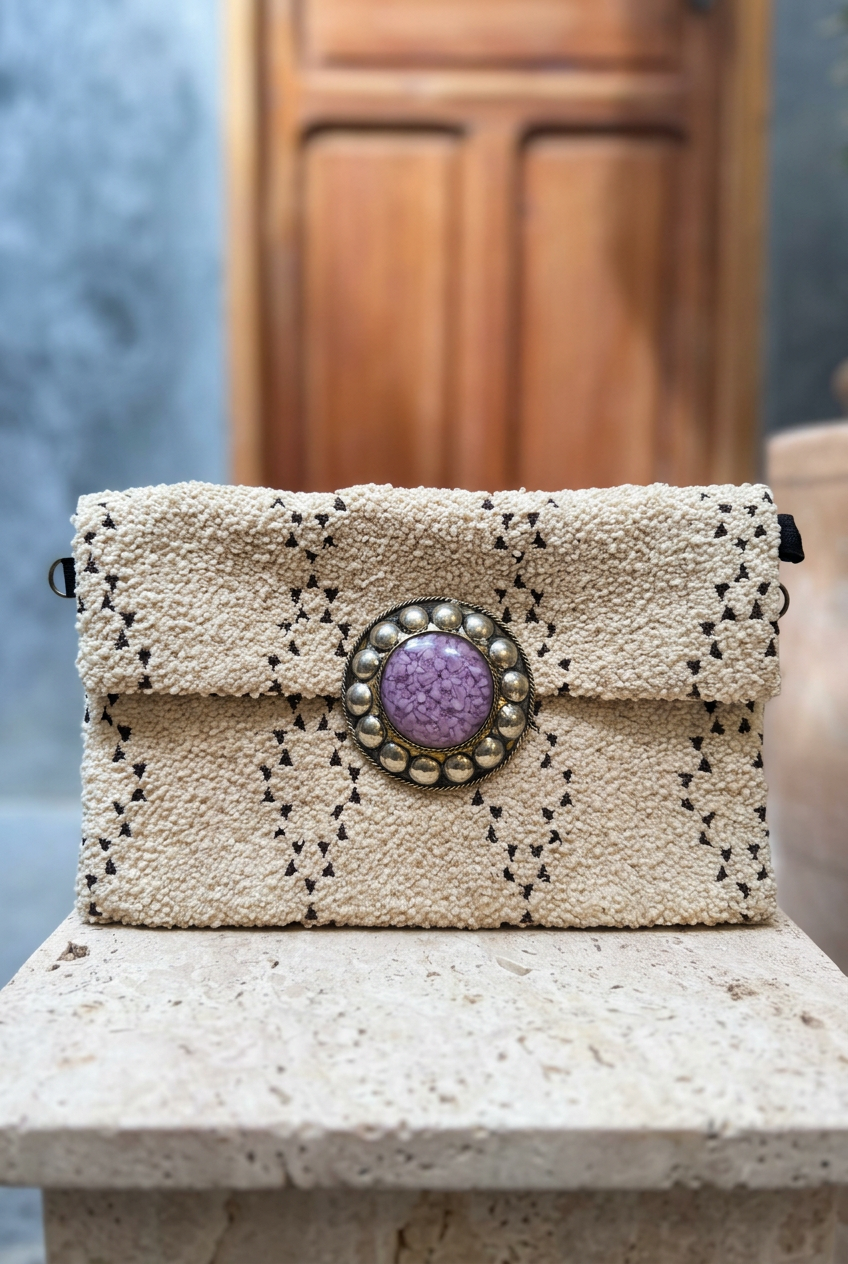 Cream carpet clutch with black geometric motifs and a lavender-purple circular centrepiece on a pale stone ledge
