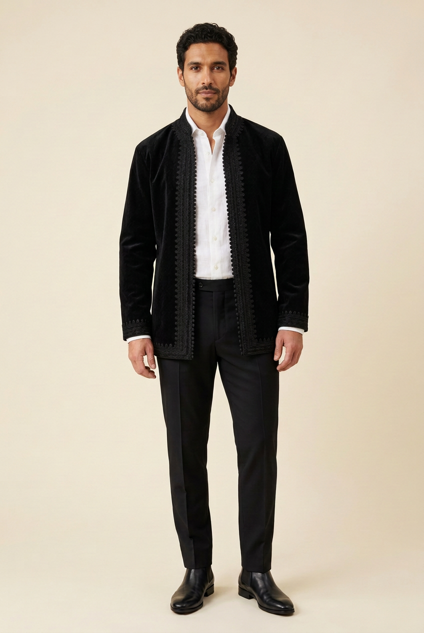 Black Idris jacket worn with a white linen shirt and black tailored trousers