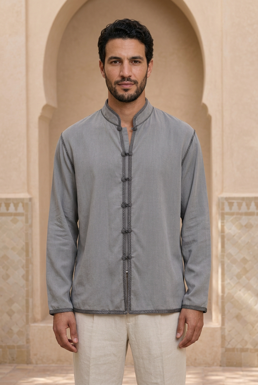 Model wearing the grey Salma Shirt in a warm sand-and-cream Moroccan riad with an arched doorway