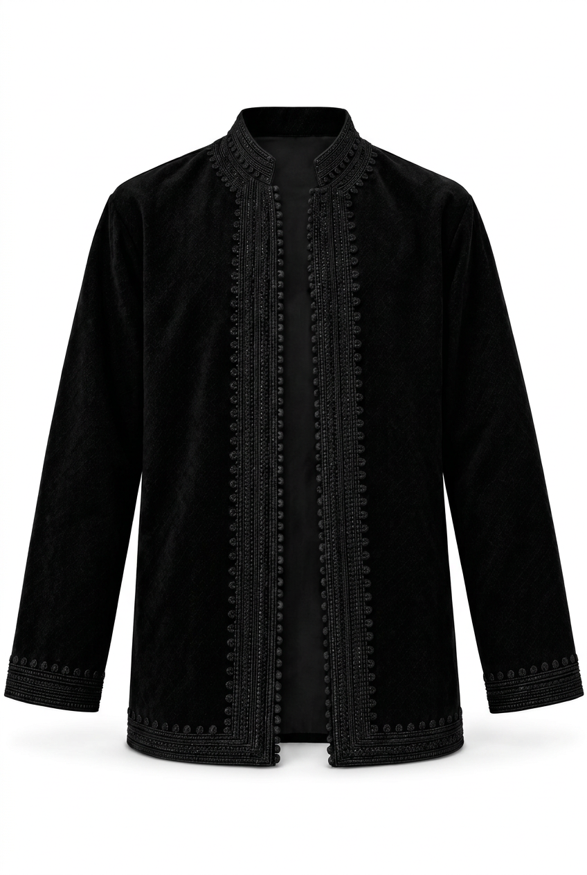 Black Idris men's jacket with stand collar and tonal braided trim along the front, cuffs and hem