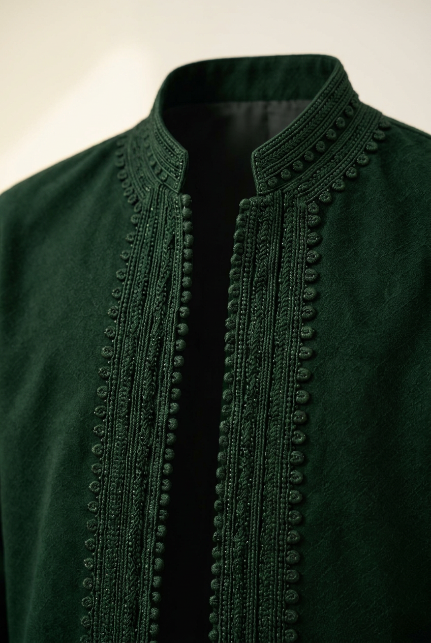 Close-up of the dark green Idris jacket’s stand collar and tonal decorative braided trim