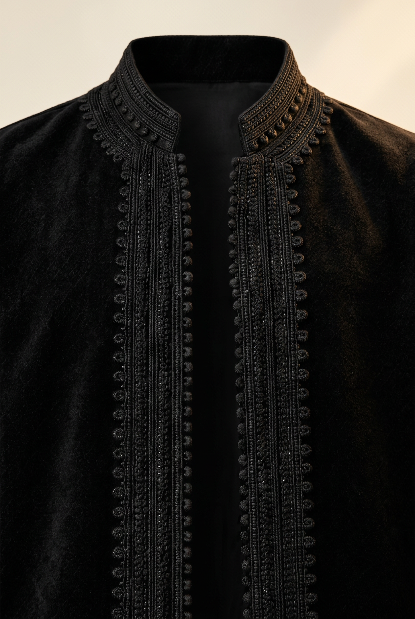 Close-up of the black Idris jacket stand collar and black braided decorative trim