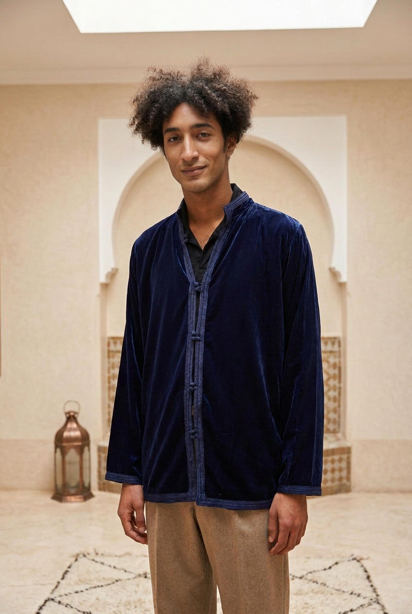 Male model wearing the Agafay Navy velvet jacket with decorative trim in a warm Moroccan riad