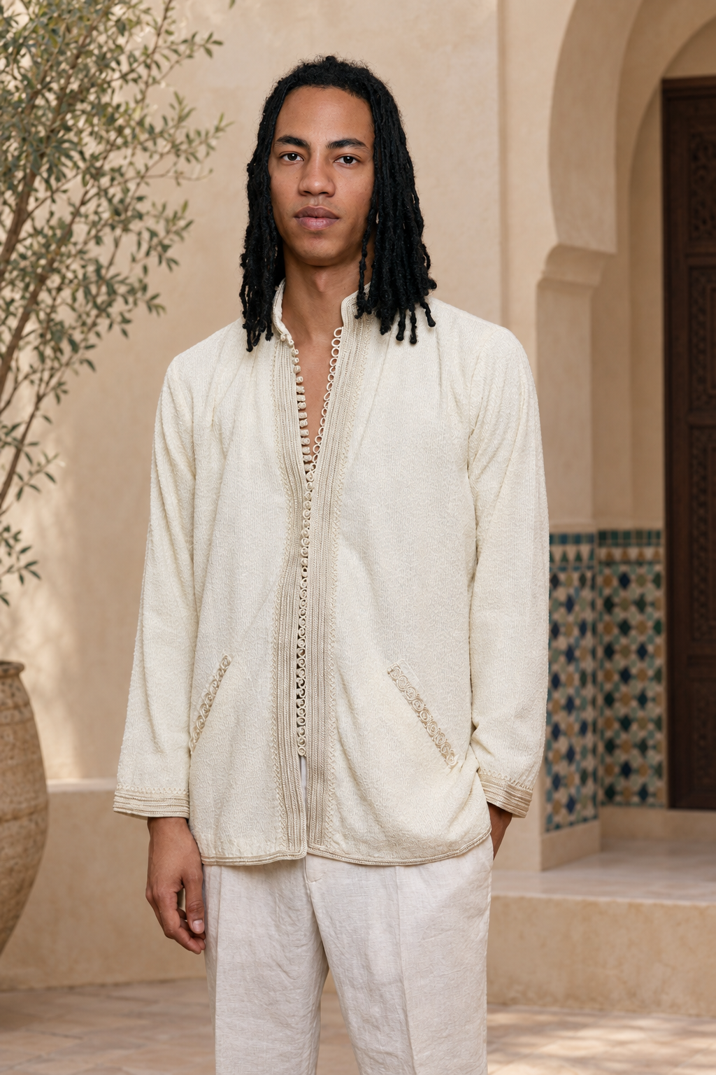 Model wearing the ivory Bahia Jacket in a softly lit Moroccan riad courtyard with pale plaster walls