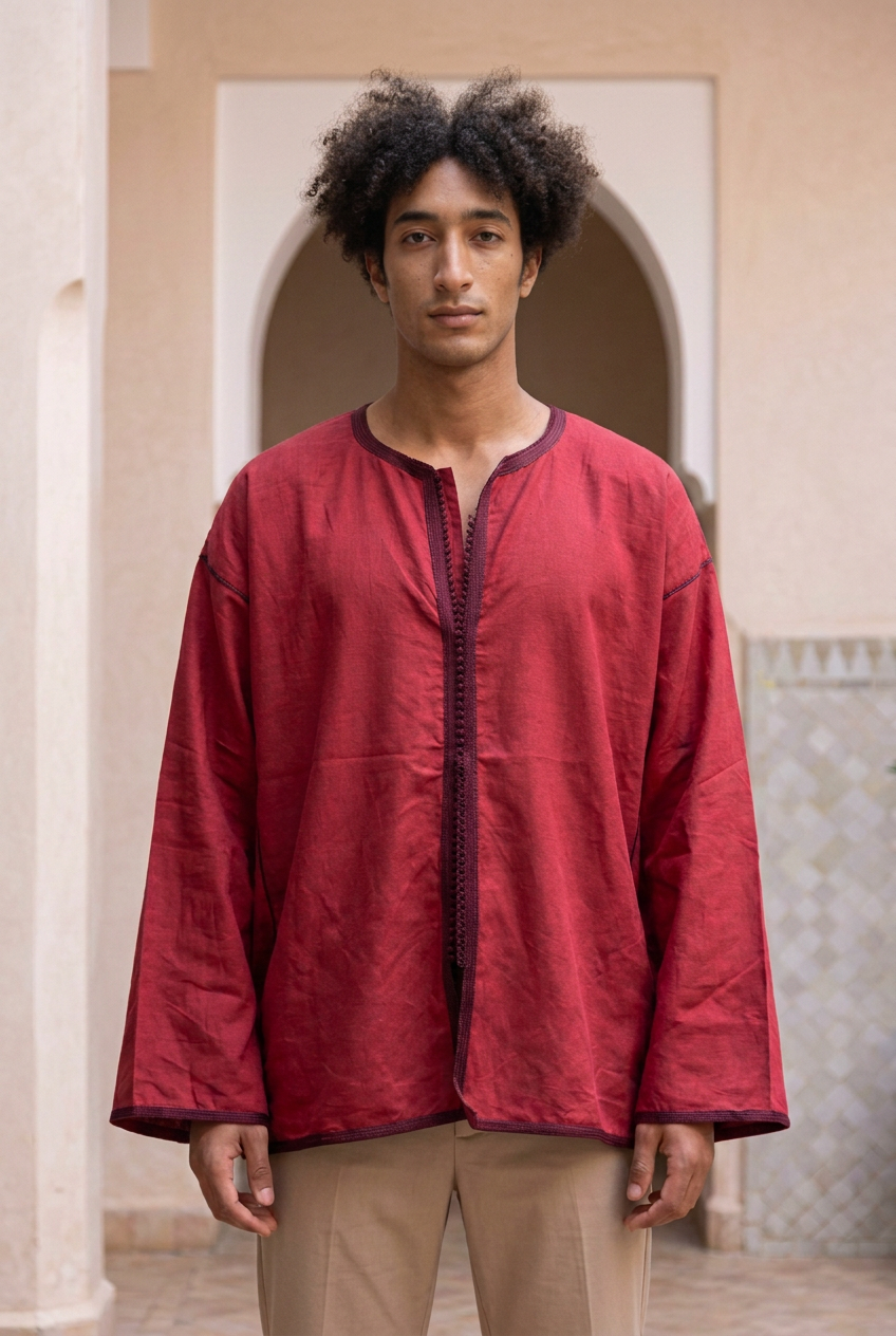 Male model wearing the oversized red Camel Shirt with dark decorative edging in a warm Moroccan riad