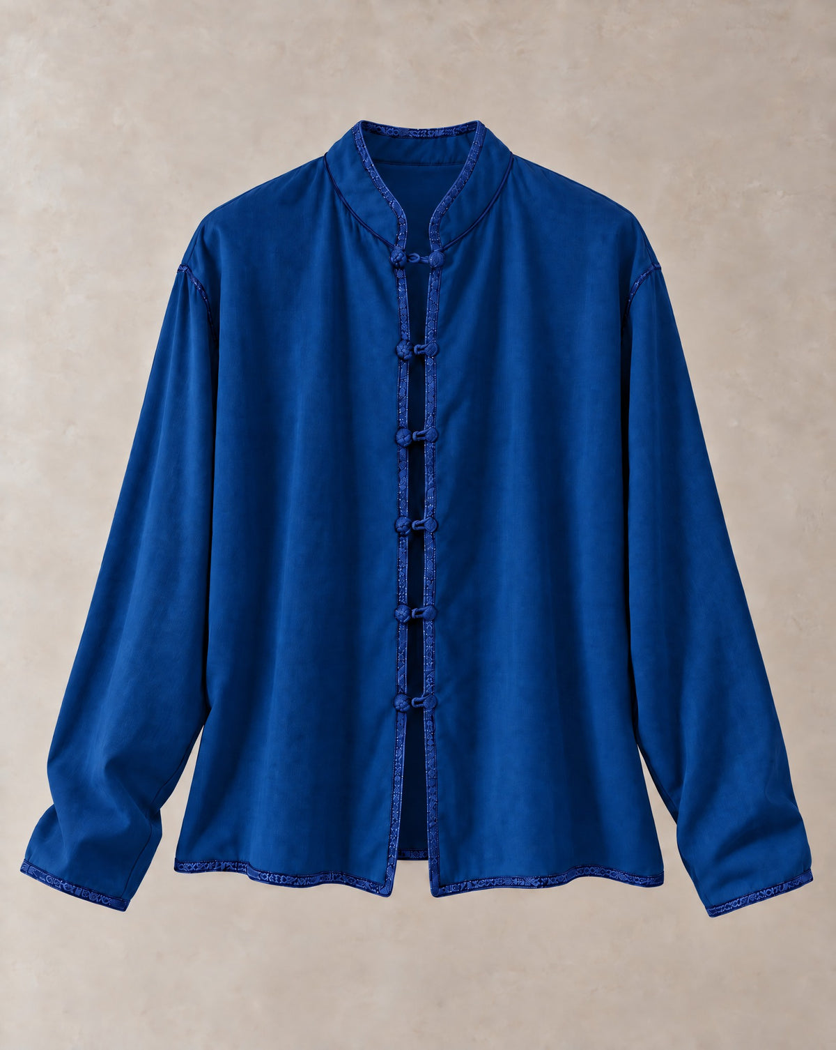 Blue Salma Shirt with stand collar, loop fastenings and embroidered trim